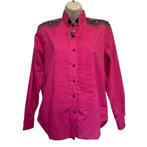 Vintage 80s Wrangler Beaded Fringe Western Tuxedo Shirt Rodeo Cowgirl Pink Sz M